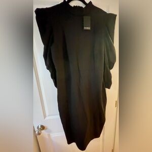 Black bodycon dress with puff shoulder long sleeve